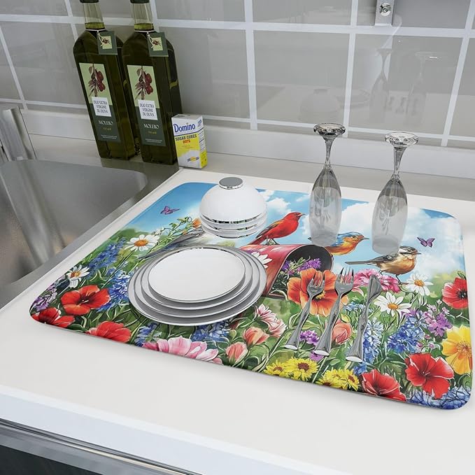 Khope Spring Floral Birds Dish Drying Mat for Kitchen Counter 18x24 Inch Colorful Butterfly Flowers Reusable Washable Farmhouse Flower Drying Pad Countertop Home Decor