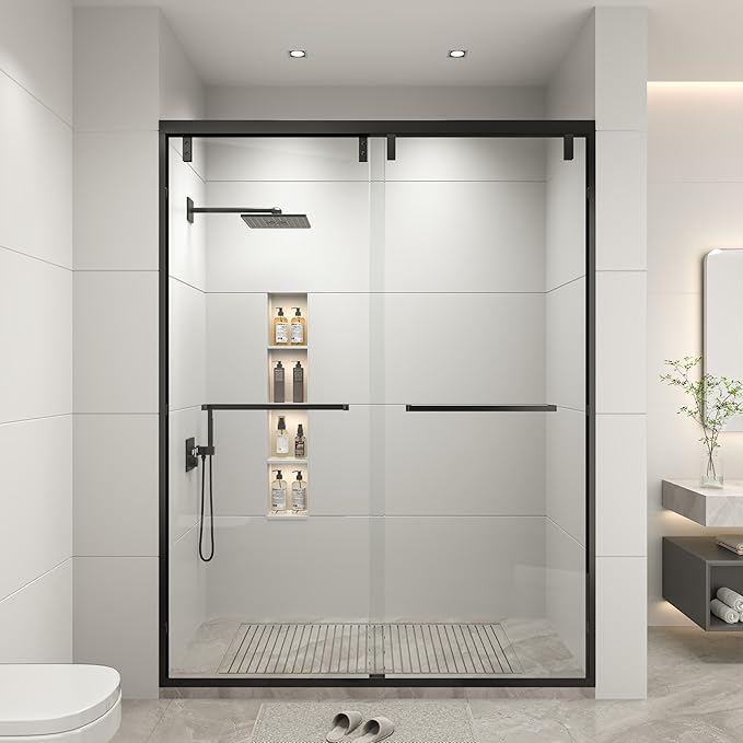 RFN 44-48" W x 76" H Semi-Frameless Bypass Double Sliding Shower Door, 1/4" (6 mm) Easy-to-Clean Treated Clear Tempered SGCC Glass,Bathroom Door(Matte Black, 44-48" W*76" H)