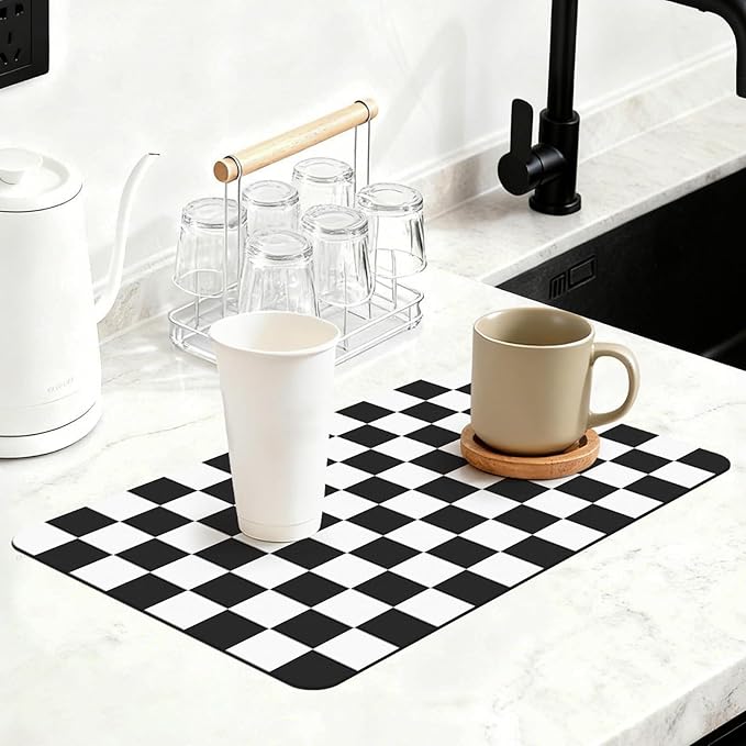 16" x 24" Checkered Dish Drying Mat for Kitchen Counter, Absorbent Coffee Bar Mat for Espresso Machine Coffee Countertops Accessories (Black)