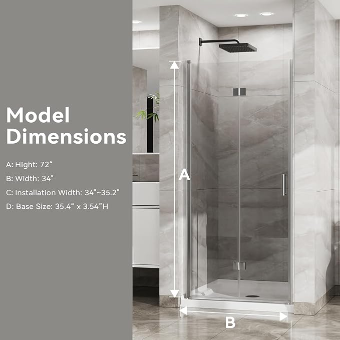 Frameless Bi-Fold Shower Door 34" W x 72" H, 1/4" Clear Tempered Glass, Folding Swing Design, Reversible Installation, Chrome Finish, Space-Saving Glass Shower Door for Small Bathrooms