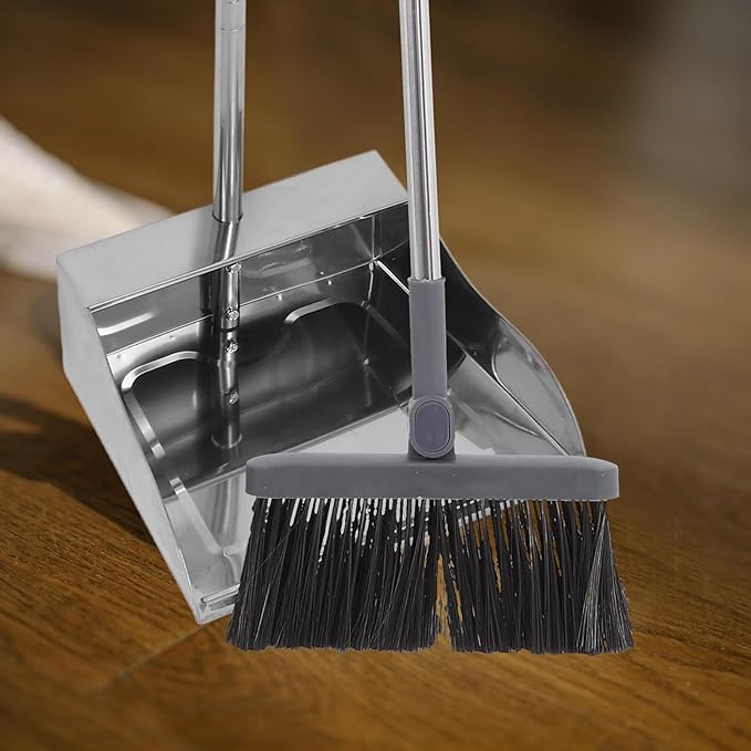 Stainless Steel Dustpan with Long Handle Large Heavy-Duty Garbage Shovel Standing Sweeper for Indoor Outdoor Commercial and Home Cleaning Tasks