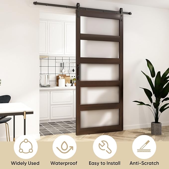 BARNSMITH 48in x 96in Glass Barn Door and 8FT Sliding Door Hardware Included, 5-Panel Frosted Glass Sliding Barn Door, Solid Wood Covered with Water-Proof PVC Surface, Easy Assembly, Brown