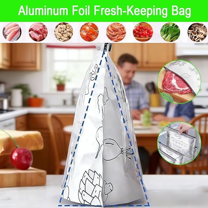 Reusable Aluminum Foil Storage Bags, 30 Count - Thick, Leak-Proof Stand-Up Bags with Resealable Zipper for Food Storage & Organization | Freezer, Pantry & Meal Prep (Medium)