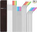 Set of 16 Reusable Stainless Steel Straws with Travel Case Cleaning Brush Silicone Tips Eco Friendly Extra Long Metal Straws Drinking for 20 24 30 oz Tumbler