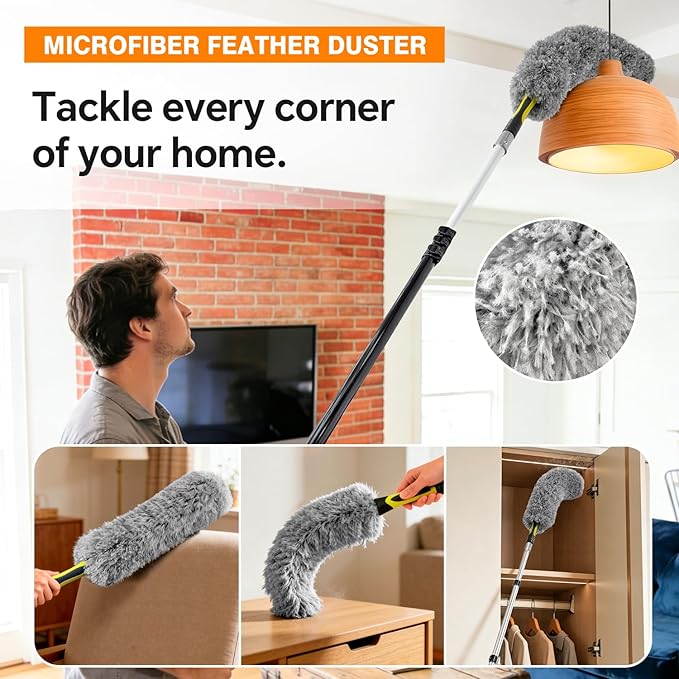 4-12Ft Telescoping Extension Pole Kit, 5-in-1 High Reach Duster with Chenille Window Squeegee Microfiber Feather Cobweb Duster for Ceiling Wall Hard-to-Reach Indoor & Outdoor Cleaning Yellow