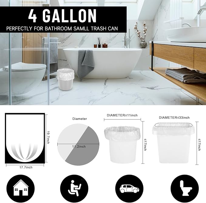 Small Trash Bags 4 Gallon, Flexible & Durable, Scent Free & Easy Tear, Transparent, 110 Counts, 0.3 Mil