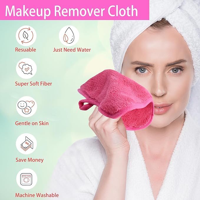 Makeup Remover Cloths for Face, Eye, Lips - Reusable Makeup Remover Pads Soft Microfiber Facial Cleansing Cloths 6 x 12 inch 6 Pack (Dark Pink)