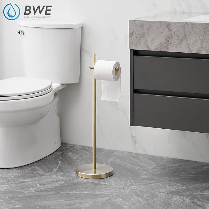 BWE Toilet Paper Holder Free Standing Toilet Paper Holder for Bathroom Gold Toilet Paper Storage Holder Stand with Non-Slip Stable Base Modern Stainless Steel Toilet Tissue