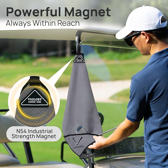 Magnetic Golf Towel for Bag 18" x 18" with Clip Exclusive Cleaning Pocket Microfiber Waffle Ultra Absorbent Club Ball Cleaner, Essential Golf Accessories and Gifts for Men Women(Gray 1 Pack)