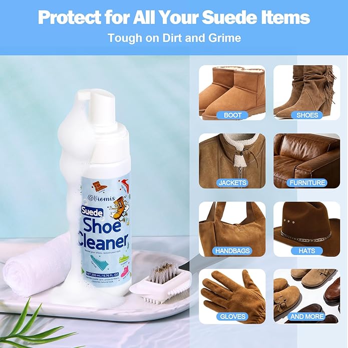 Suede Shoe Cleaner Kit - 200ml (6.76oz) Professional Suede & Nubuck Cleaner with Specialized Brush & Microfiber Towel - Waterless Cleaning Solution for Boots, Sneakers, Handbags and Jackets