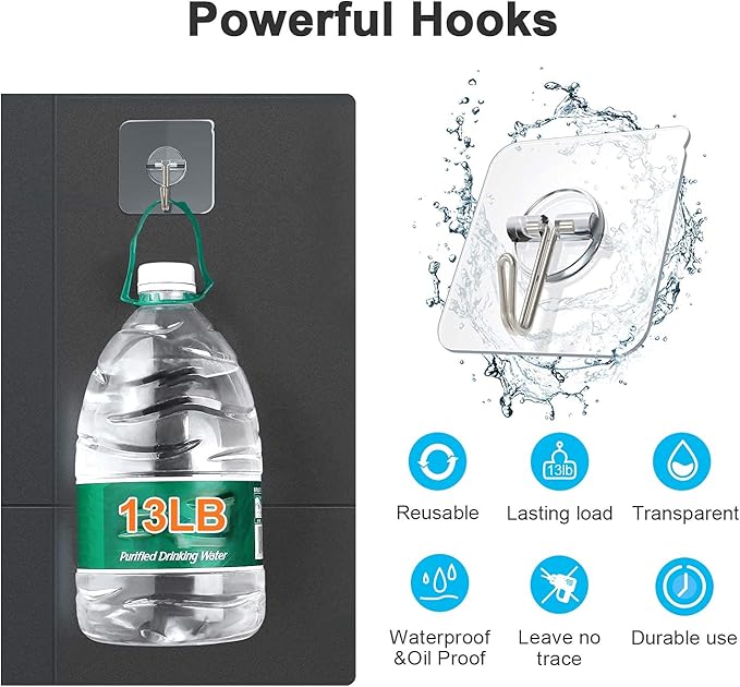 Adhesive Hooks Removable Wall Hooks 13 LB Ceiling Hook Transparent Seamless Waterproof and Oil Proof for Cabinet Kitchen Bathroom Ceiling Office Window 10 Pack