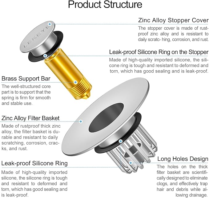 LEKEYE Bathroom Sink Stopper | Shower Drain Hair Catcher | Pop-up Sink Drain Stopper with Strainer | Bathroom Sink Plug for 1-1/8 to 1-1/2" Sink Drain Hole- Pearl Chrome