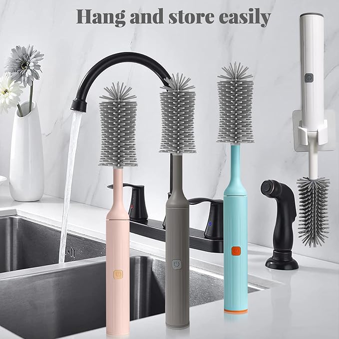Electric Cleaning Brush with USB Rechargeable Electric Bottle Brush Cleaner and 3 Replaceable Silicone Bottle Brushes and Straw Cleaner Brush,Perfect Baby Gifts and Kitchen Brushes(White)