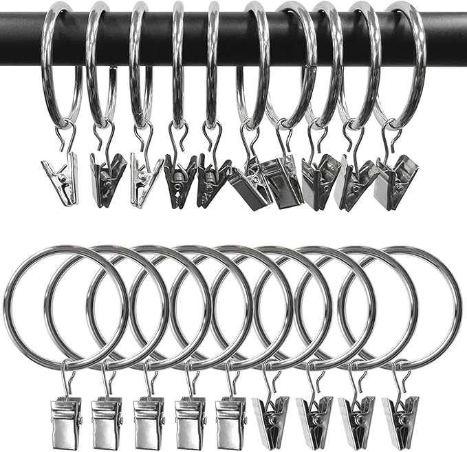40 Pack Metal Curtain Rings with Clips, Drapery Clips Hooks, Decorative Curtain Rod Clips 1.5 in Interior Diameter, Silver