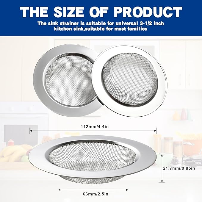 RQYEKDO Kitchen Sink Strainer Stainless Steel with Fine Mesh4.4 inch Wide Rim Drain Strainer | Fits Standard Sinks & GarbageDisposals(Silver)