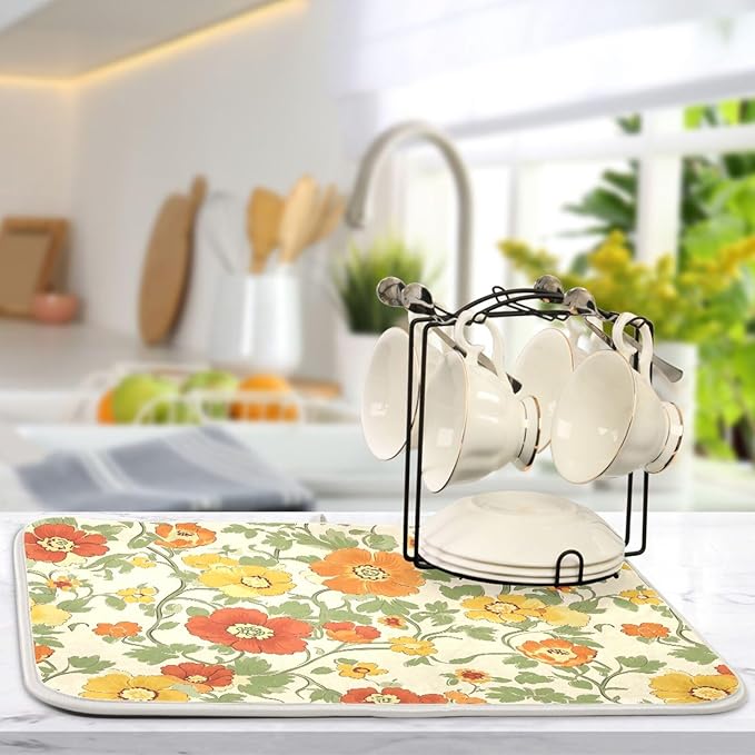 Retro Yellow Orange Flowers Dish Drying Mat for Kitchen Counter Absorbent Microfiber Drying Pad, Medium 16x18 in, Reversible Drainer Mats