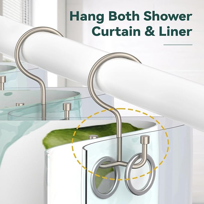 Goowin Shower Curtain Hooks, Shower Curtain Rings, Metal Shower Curtain Hangers Rust Proof, Double Glide Shower Rings for Curtain, Shower Hooks for Shower Curtain, Matte Nickel, 24 Pack-Cylinders