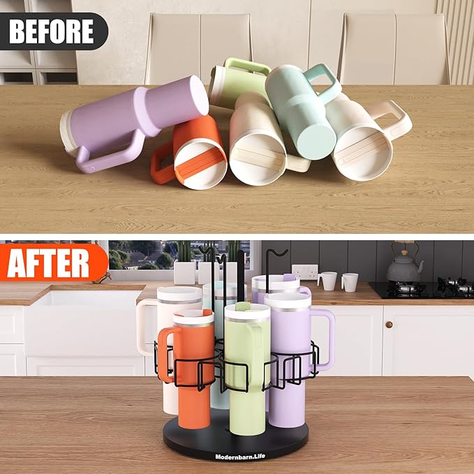 Water Bottle Organizer for Cabinet or Counter - Rotating Non-Slip Tumbler Organizer Holder for Stanley 40 Oz Cup with Handle - 2-In-1 Tumbler Display Storage Rack & Water Bottle Drying Rack - Black
