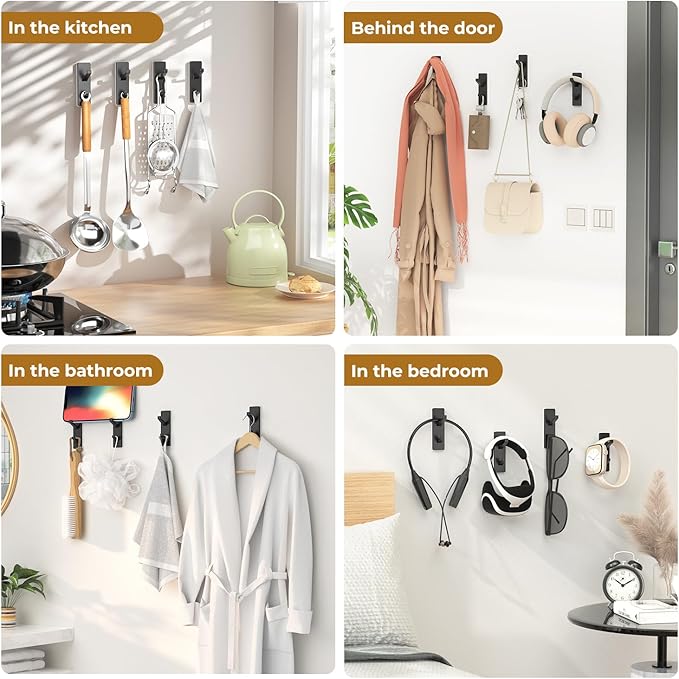 Black 6 Pack Aluminum Coat Hooks, Heavy Duty Self Adhesive Hooks for Hanging, 13LB Capacity, Bathroom Towel Shower Kitchen Door Hooks, 6 Pack