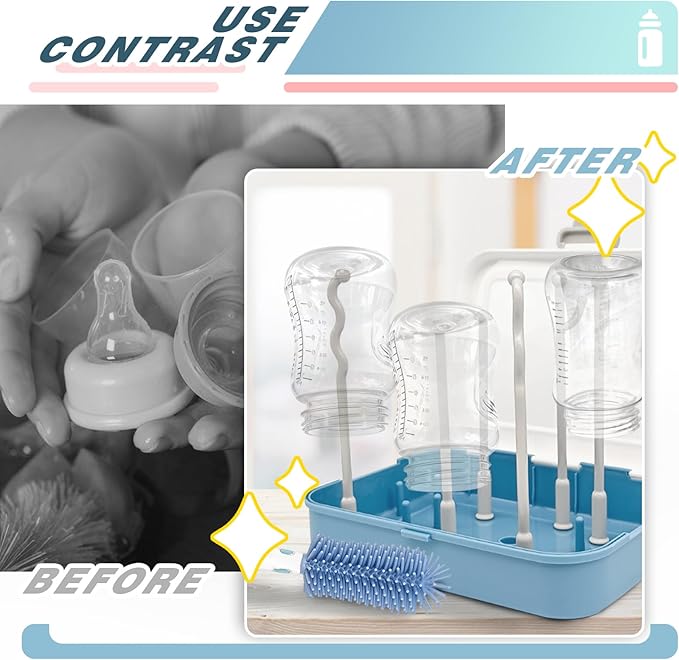 Baby Bottle Brush Set, Baby Bottle Cleaner Kit with Silicone Brush, Nipple Brush, Straw Brush, Soap Dispenser, Bottle Drying Rack, Storage Box, 7 in 1 Bottle Cleaning Tool for Home and Travel
