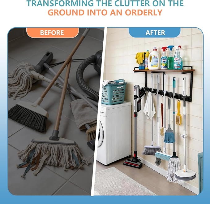 Broom Holder Wall Mount With Cleaning Supplies Organizer Shelf Broom And Mop Organizer Wall Hanging With Vacuum Holder Wall Mount, Wall Mounted Broom Hanger Utility Racks For Home Garage Laundry Room