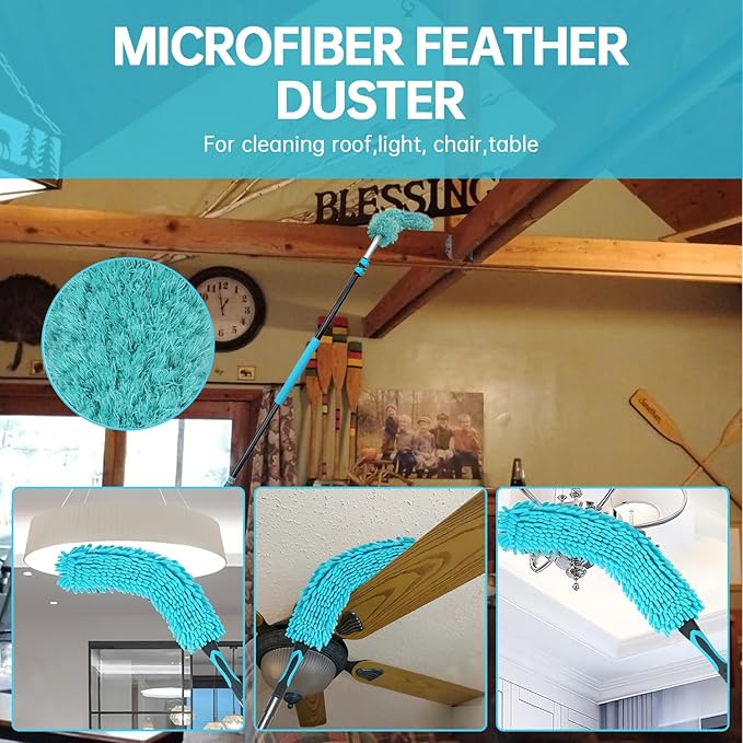 High Ceiling Duster Kits with 3-8ft Heavy Duty Extension Pole - Fan Blade Cleaner, Cobweb Remover & Blue Window Squeegee Kit, Washable Dust Brush and Glass Surfaces, Skylight Shades Operating Hook