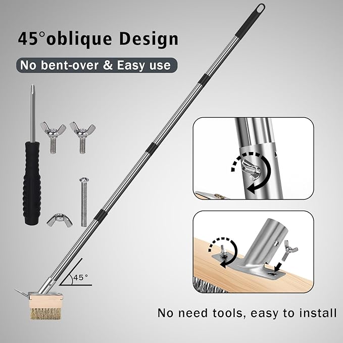 Heavy Duty Wire Push Broom with Crack Weeder Brush Set, Multifunction Moss Remover with Scraper Weed Puller, Detachable 64.9in Handle for Outdoor Deck Pavers Patios Walkways Concrete Cleaning