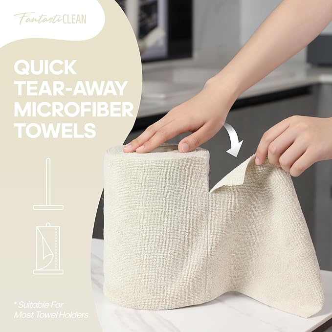 Fantasticlean Microfiber Cleaning Cloth Roll 2 Rolls 120 Pack, Tear Away Paperless Towels, 8" x 8", Reusable Washable Rags, House Kitchen, Pet, Office, Indoor Outdoor, Compact Portable (Off-White)