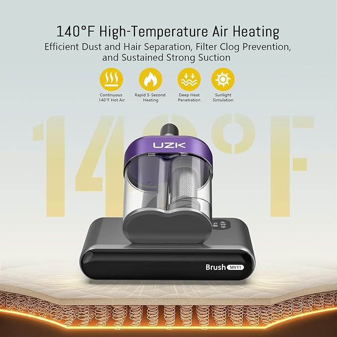 Bed Vacuum Cleaner Mattress Vacuum Cleaner,16Kpa Powerful Handheld Vacuums with UV-C Light & Double Dust Cup & High Heating & Ultrasonic & Anion for Bed Sofa (MV11,Deep Black)