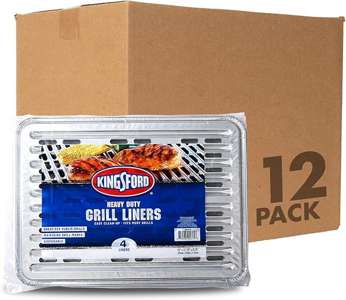 Kingsford Heavy Duty Aluminum Grill Liners | Heavy Duty Grill Liners | Disposable Grilling Liners Prevent Food from Falling Through Grill Grates, Silver (Pack of 12, 48 Count Total)