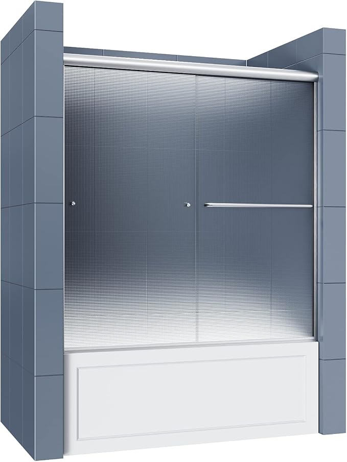 SUNNY SHOWER Double Sliding Shower Door Frosted Glass Shower Enclosure Sliding 60" W x 57.4" H Bathtub Door 1/4" Glass Panel, Brushed Nickel Finish