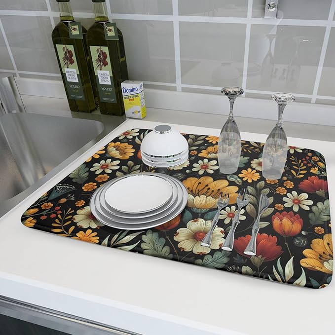 Vintage Boho Floral Dish Drying Mat for Kitchen Counter,Yellow Beige Black Spring Flower Drying Mat 18 x 24 Inch with Absorbent Reversible Microfiber Drying Pad for Coffee Bar