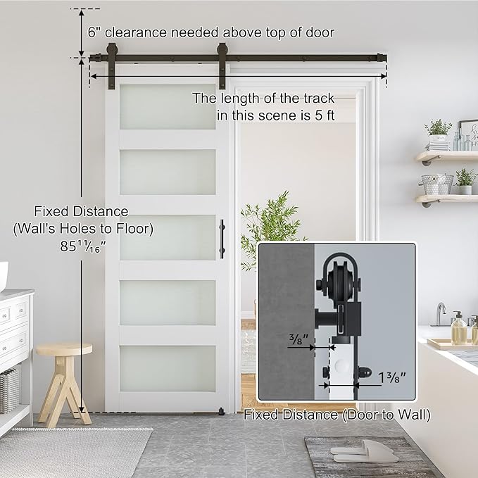SmartStandard 28 x 84 in Glass Barn Door with 5FT Sliding Hardware Kit & Handle, Pre-Drilled Ready to Assemble, Waterproof PVC Coating, White, 5-Panel Glass