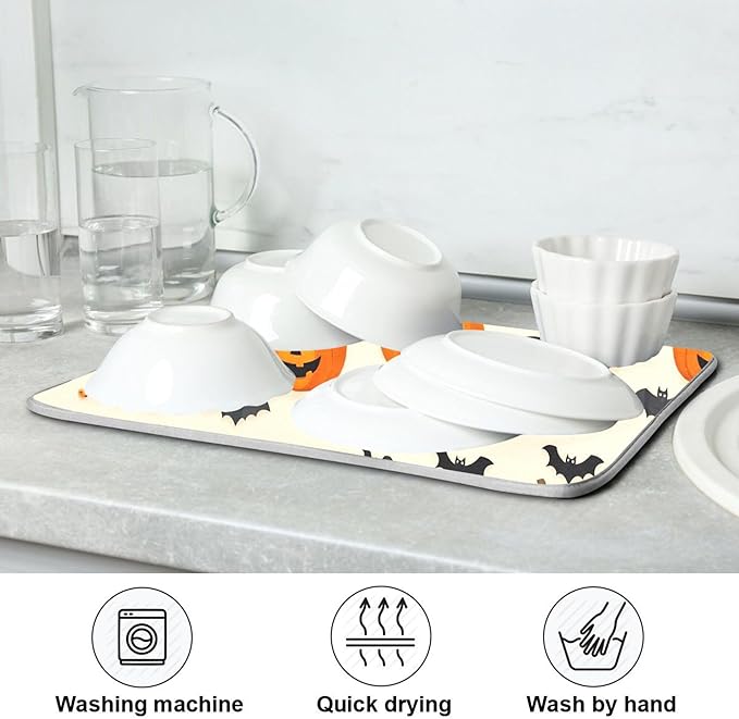 Halloween Black Bat Dish Drying Mat for Kitchen Countertop 18x24 Spooky Evil Pumpkin Lantern Large Drying Mat Reusable Quick Dry Dish Sink Mats Easy Clean Decorative Essentials