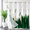 No Hook Shower Curtain with Snap in Liner, Hotel Style Dark Green White Gold Brush Strokes Art Modern Shower Curtain Waterpoof Washable with See Through Top Window,71"x71"