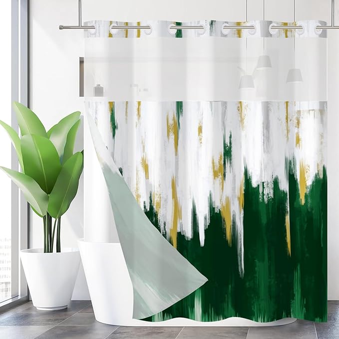 No Hook Shower Curtain with Snap in Liner, Hotel Style Dark Green White Gold Brush Strokes Art Modern Shower Curtain Waterpoof Washable with See Through Top Window,71"x71"