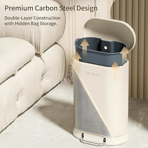 MRBIN Metal Kitchen Trash Can with Lid, 30L / 7.9gal Commercial Step Waste Basket for Bathroom, Medium Office Garbage Pail with Stainless Steel Foot Pedal for Near Desk, Bedroom, Rv, White