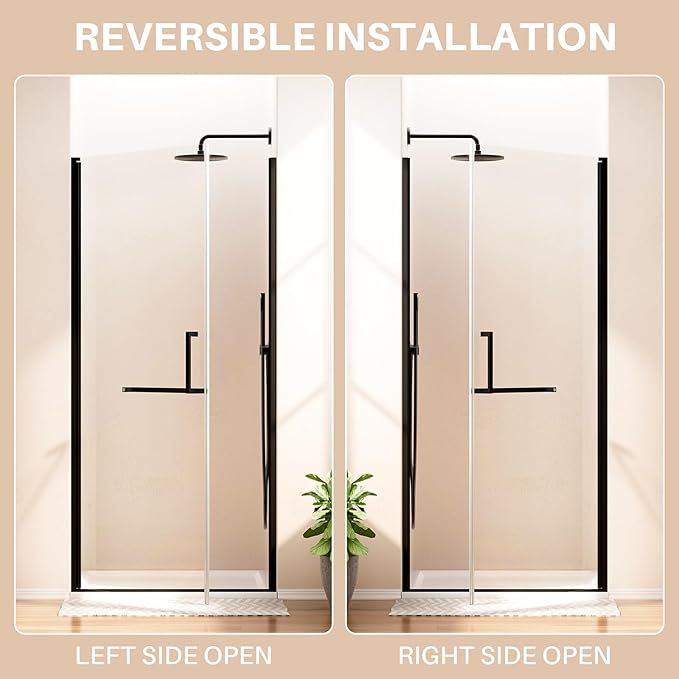 WinZo 33-34" W ×72" H Frameless Pivot Shower Door, Pivot Swing Shower Glass Doors with 1/4"(6mm) SGCC Clear Tempered Glass,Explosion-Proof Film, Reversible Installation, Matte Black