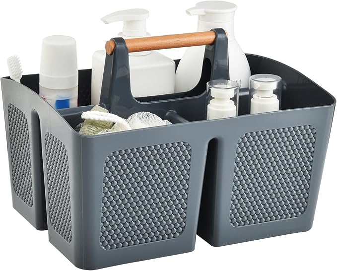 Haundry Plastic Gray Shower Caddy Basket with 3 Compartments, Portable Divided Bathroom Cleaning Caddy Organizer Storage Tote with Handle for Dorm,College, Room Essentials