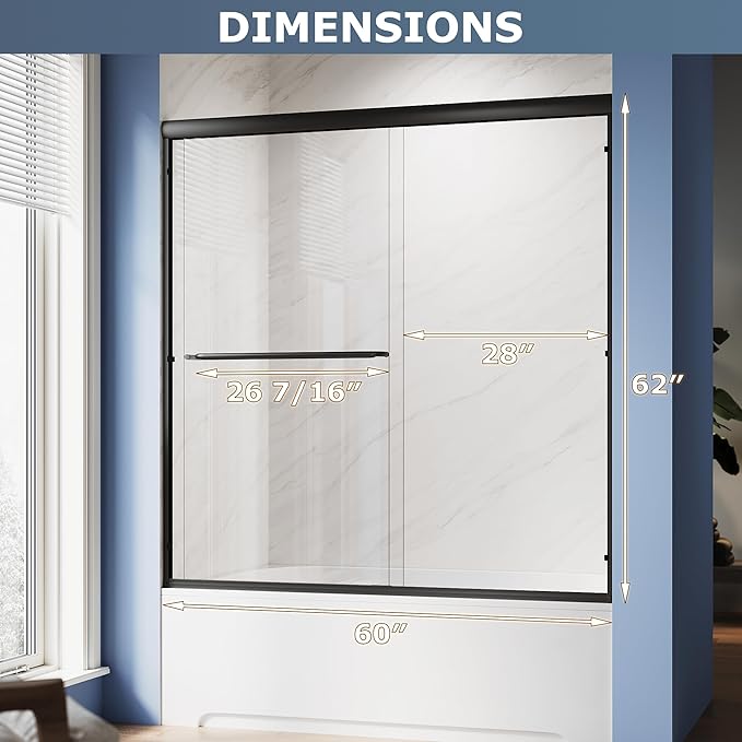 SUNNY SHOWER Double Sliding Glass Door 60" W x 62" H Shower Door 1/4" Tempered Glass Sliding Door Semi-Frameless Shower Glass Enclosure Bypass Walk in Shower Cabin, Matte Black