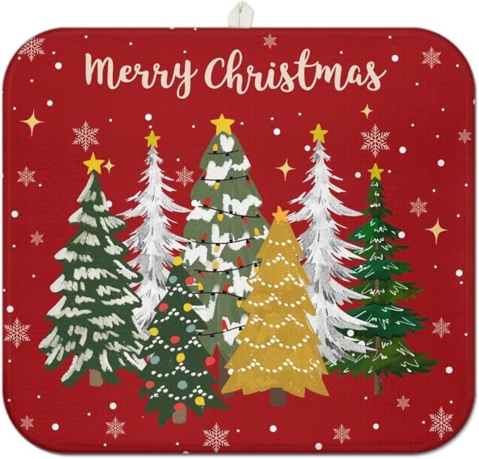 Christmas Kitchen Countertop Dish Drying Mat,Red Christmas Tree Snowflake Pattern Microfiber Kitchen Drying Mat, Washable Absorbent Countertop Xmas Winter Holiday Dish Mat Drainer,16x18In