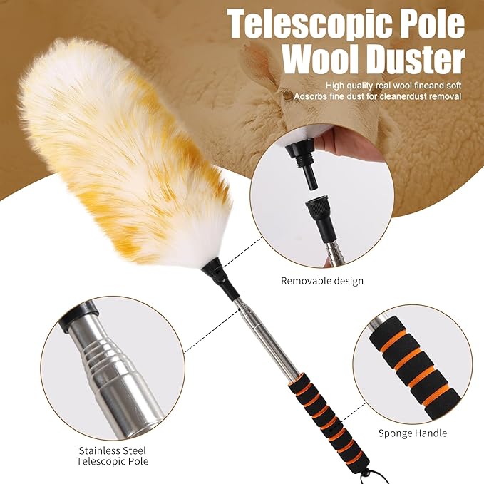 Wool Duster with Telescopic Rod Natural Cleaning Dusters for Sweeping The Corners of Ceilings Suspension Aircondition