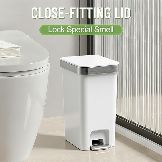 Slim Bathroom Trash Can With Lid, 2.6 Gallon /10 Liter Small Wastebasket, Press Top Bin & Step Metal Pedal Trash Bin, Mini Plastic Garbage Cans for Bedroom, Office, Kitchen, Dorm (grayish-white)