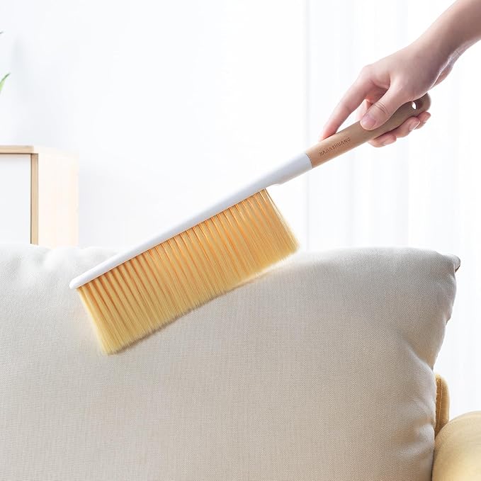Hand Broom Cleaning Brush, Soft Bristle Dust Brushes with Wood Handle, Household Cleaning Brushues for Car, Carpet, Garden, Clothes, Various Furniture Such As Beds, Sofas (Natural)