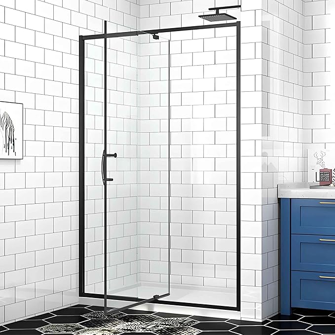 Pivot Glass Shower Door, 44–48" W x 71" H, 1/4"(6mm) Clear SGCC Tempered Glass, Matte Black Finish, Magnetic Closure, Reversible Installation