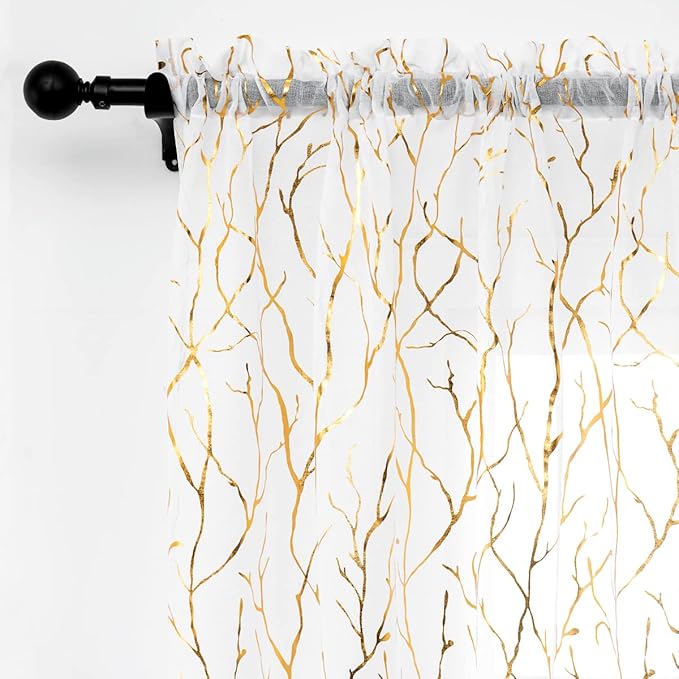FINECITY White and Gold Sheer Curtains 45 Inch Length 2 Panels Metallic Gold Foil Branches Printed Sheer Kitchen Curtains Over Sink, Rod Pocket Privacy Short Sheer Window Curtains, 52 x 45 Inch