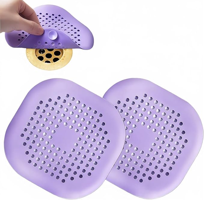 Silicone Hair Catcher 2-piece Set, Square Shower Drain Cover with Strong Suction Cup, Anti Clogging Hair Catcher for Shower, Bathtub, and Bathroom Drain Protectors (Purple)
