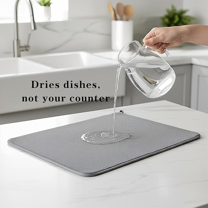 Dish Drying Mat 2 Pack, Dish Drying Mats for Kitchen Counter, Absorbent Dish Drainer Mat Kitchen Drying Pad - Microfiber, Grey, 11.8 by 15.7 Inch