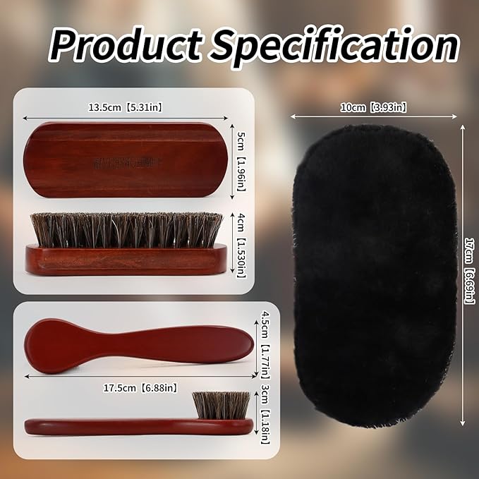3 Pcs Shoe Brush Kit, Premium Horsehair Shoe Brush with Shoe Polishing Glove for Leather, Professional Boot Brush Shoe Polish Kit for Cleaning (3, Brown)