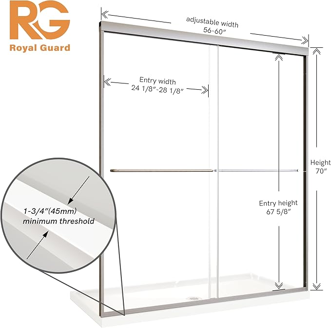 Shower Door,56-60" W x 70" H Semi-Frameless Double Sliding Glass Shower Door with 1/4'' (6mm) Clear SGCC Tempered Glass,Bypass Shower Enclosure,Brush Nickel